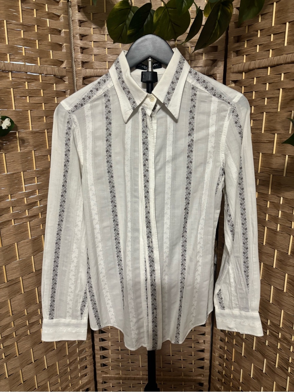 Vintage Dolce & Gabbana White and Gray Vertical Stripe Button-Down Blouse - Picture 2 of 7